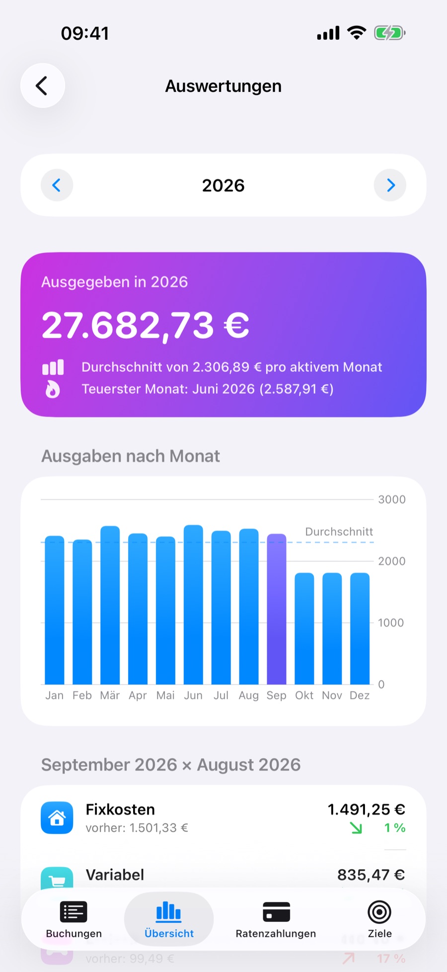 Jahresauswertung: Ausgaben Monat für Monat, Monatsdurchschnitt und teuerster Monat