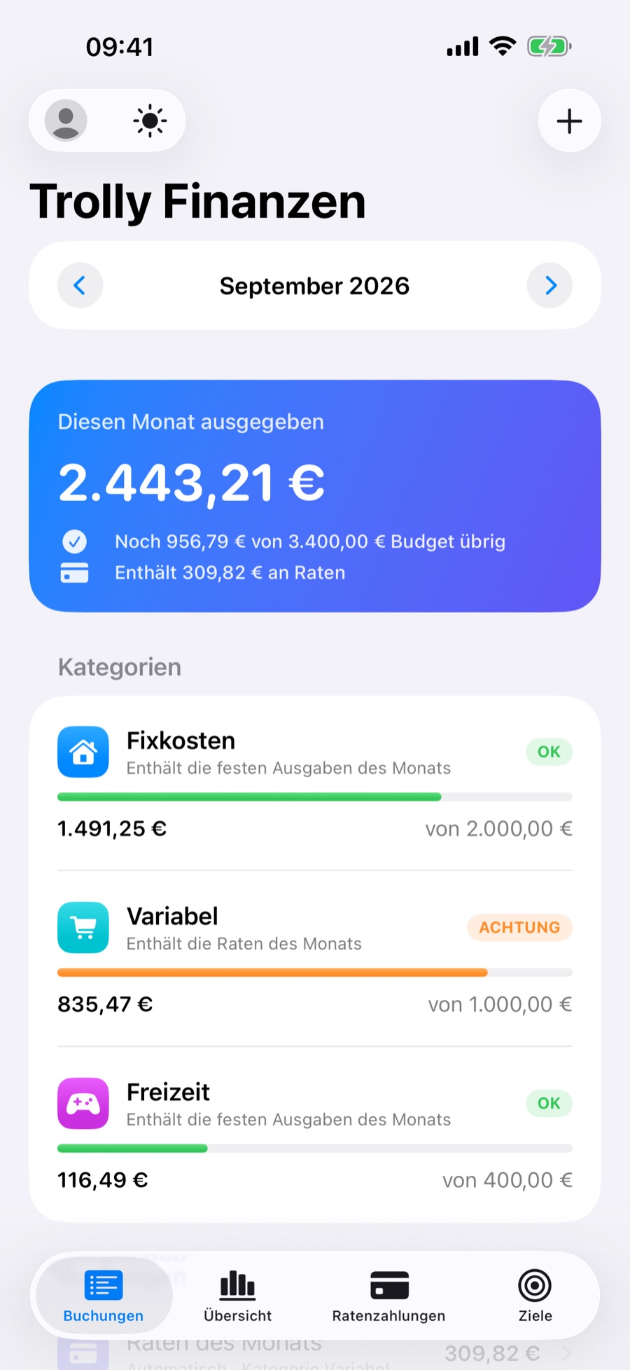 Tab Buchungen in Trolly: diesen Monat ausgegeben und die Kategorien Fixkosten, Variabel und Freizeit mit ihren Limits