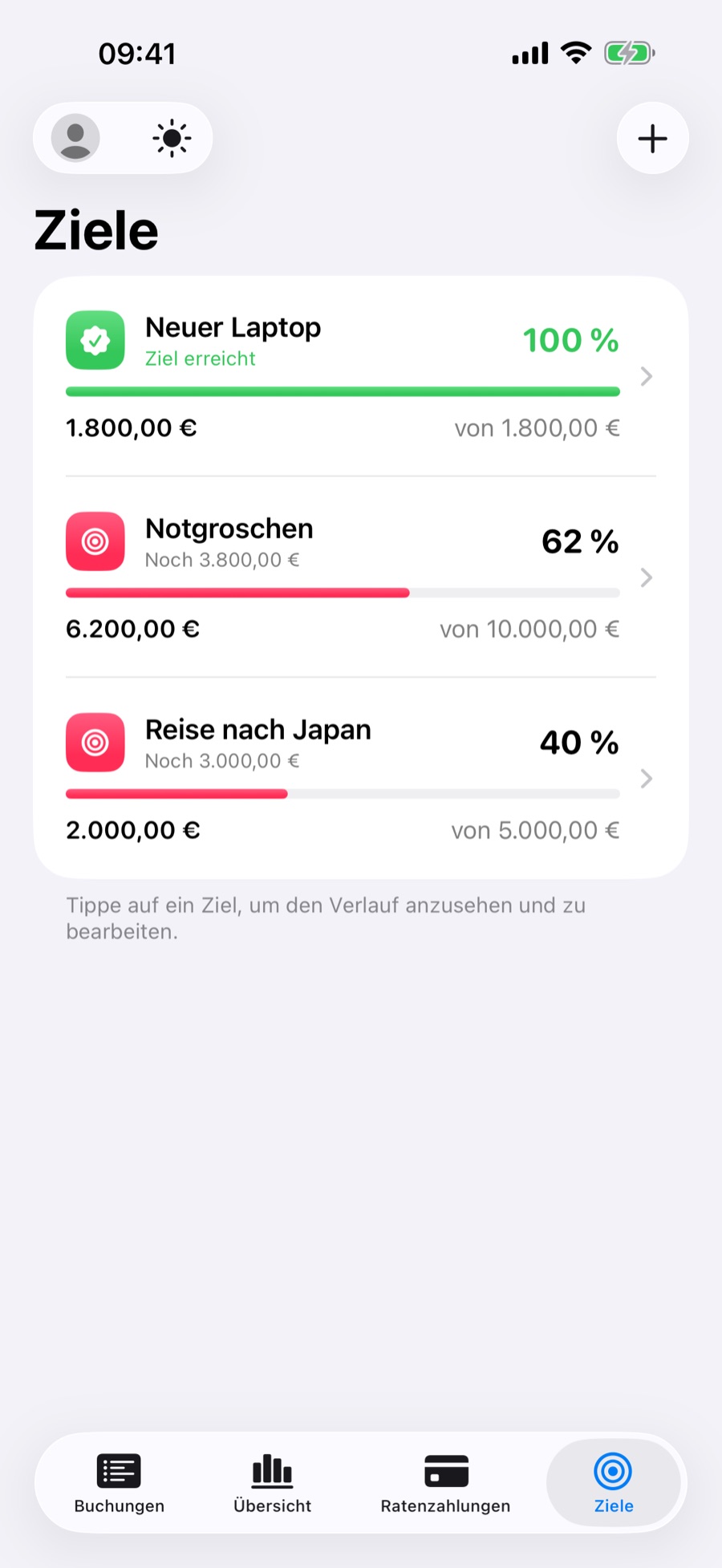 Tab Ziele mit dem Fortschritt jedes Ziels