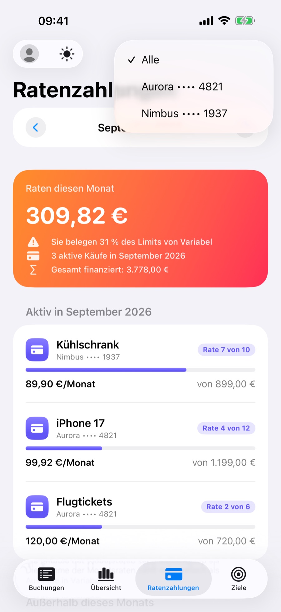 Tab Ratenzahlungen mit geöffnetem Filter nach Bank oder Karte