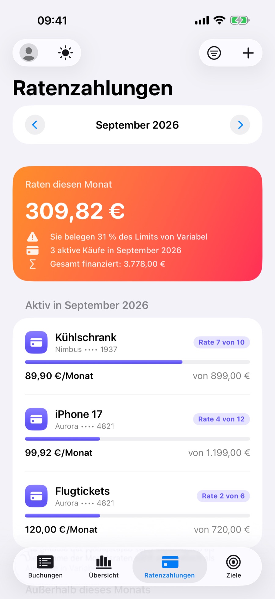 Tab Ratenzahlungen mit den in diesem Monat laufenden Käufen