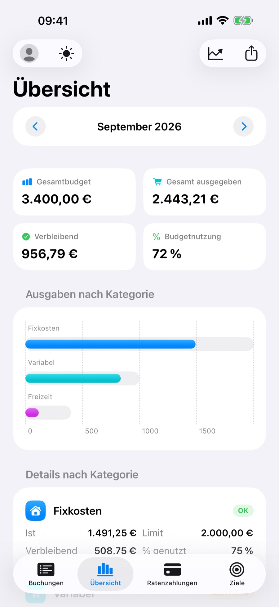 Tab Übersicht: Gesamtbudget, ausgegeben, übrig und Budgetnutzung, mit Diagramm pro Kategorie