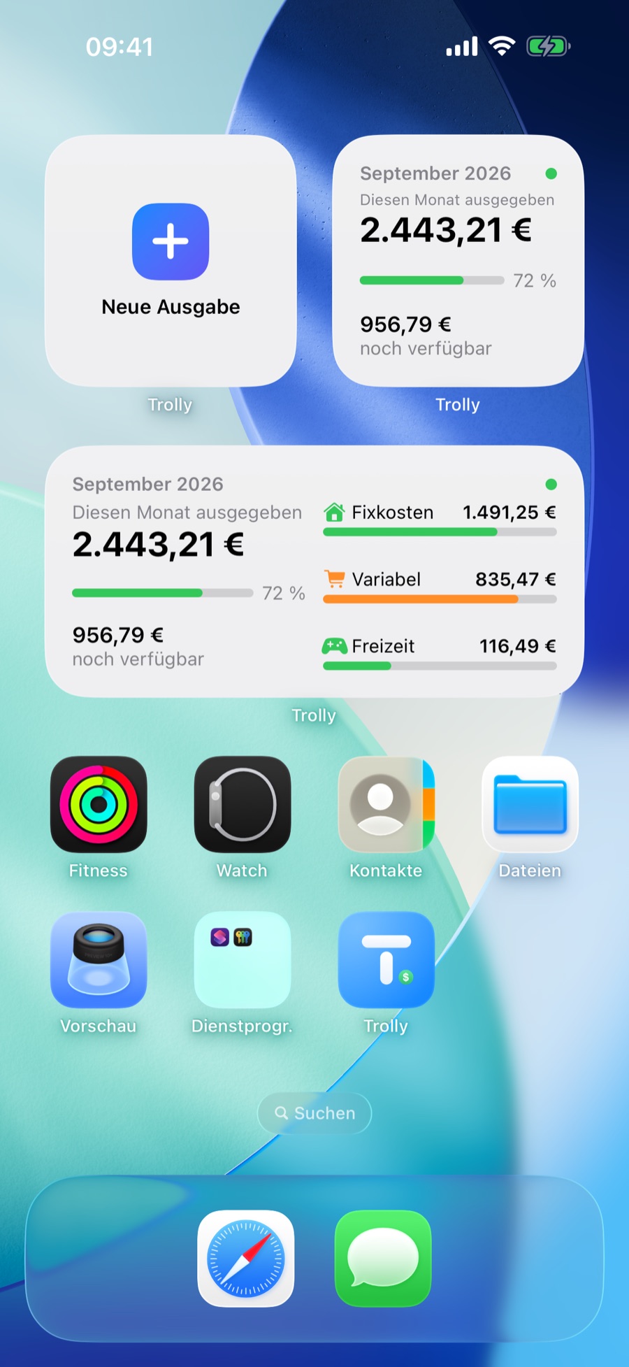 iPhone-Home-Bildschirm mit den Trolly-Widgets