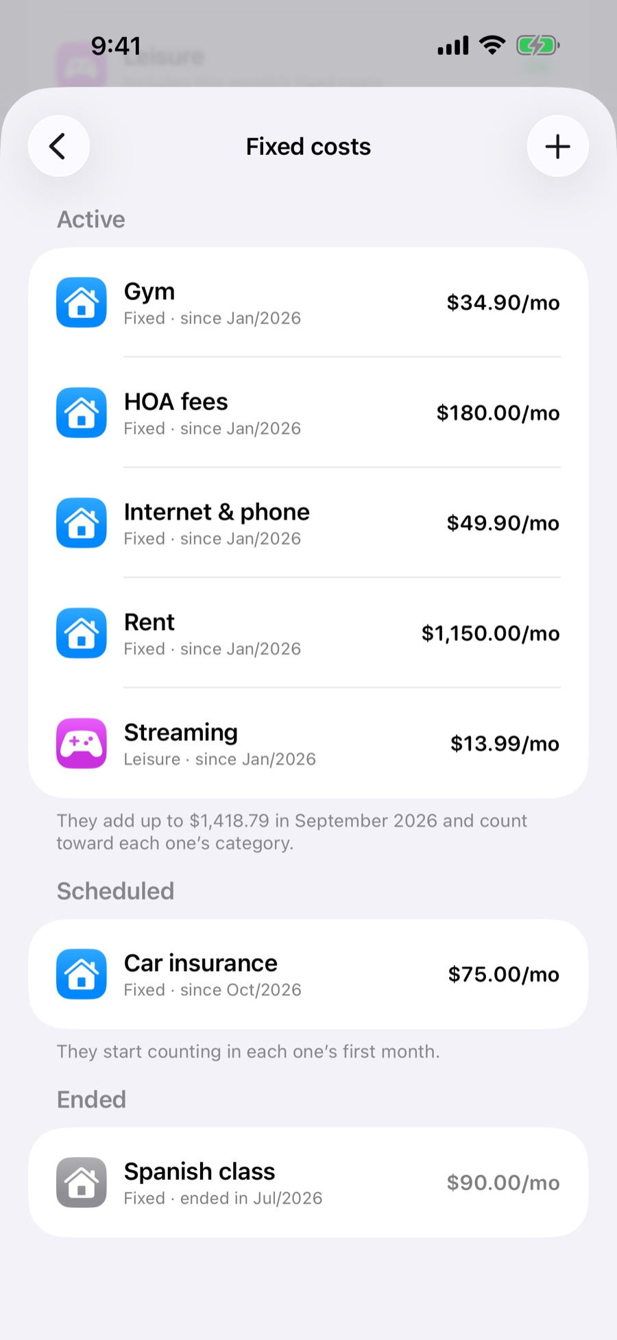 Fixed costs screen with the Active, Scheduled and Ended sections