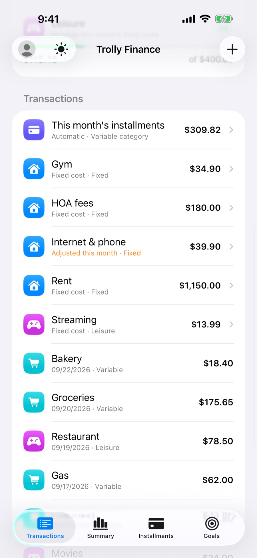 Transactions list with this month's fixed costs, one of them adjusted for this month only