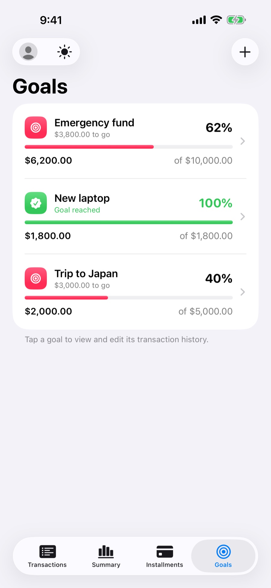 Goals tab with the progress of each goal