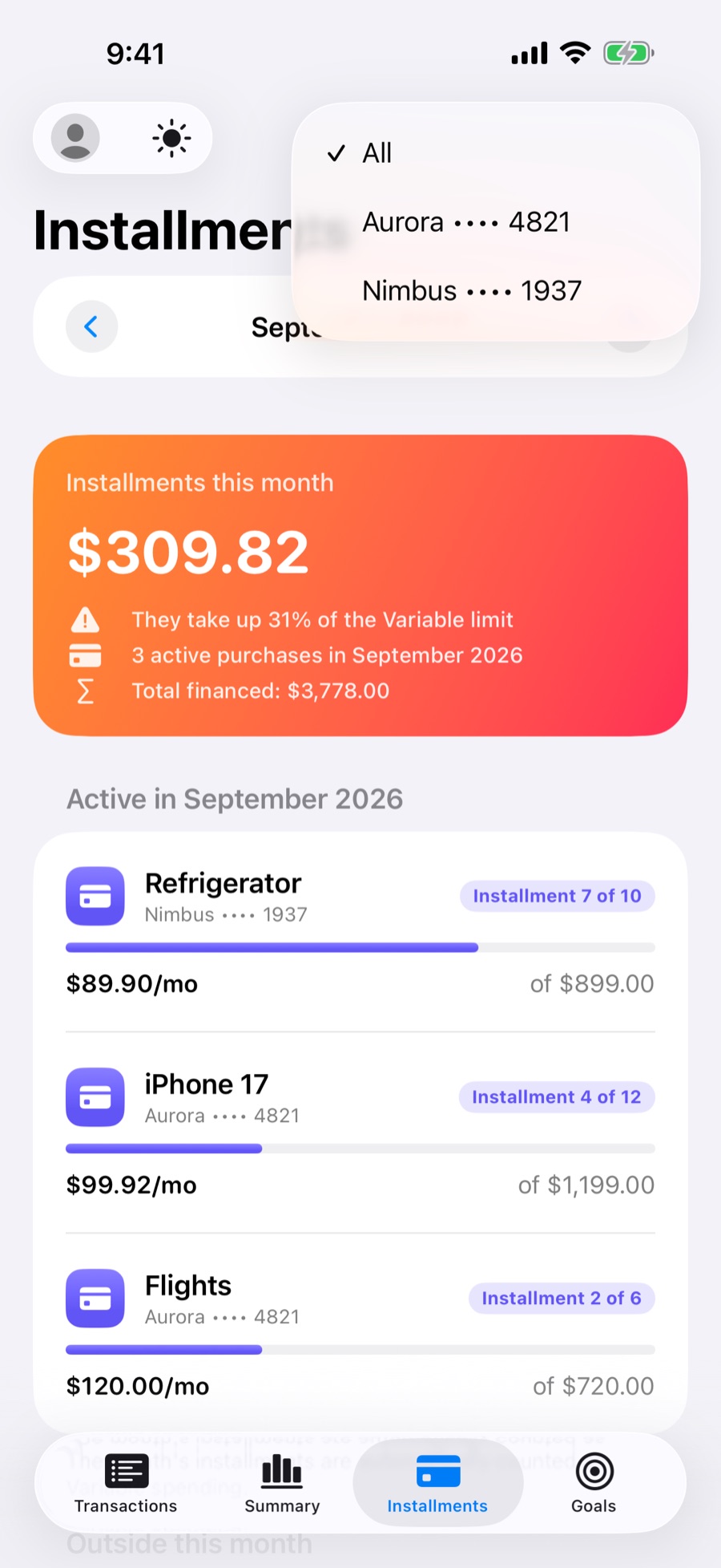 Installments tab with the bank or card filter open