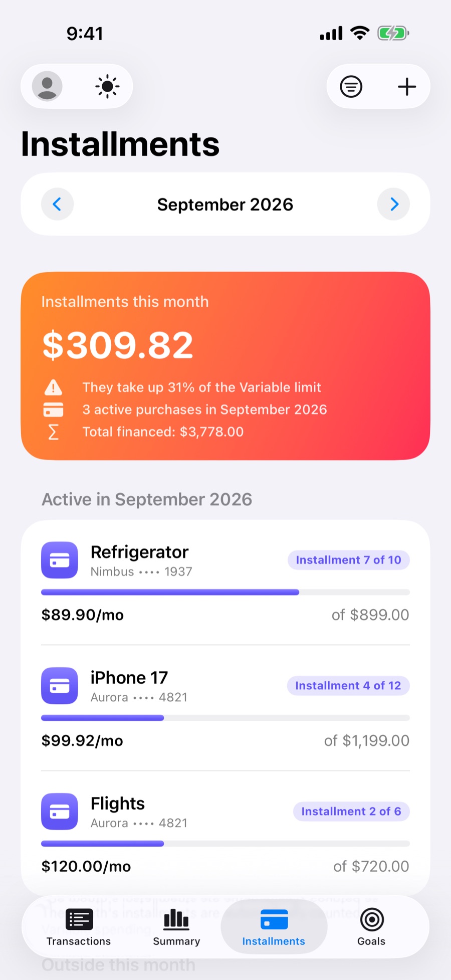 Installments tab with the purchases active this month