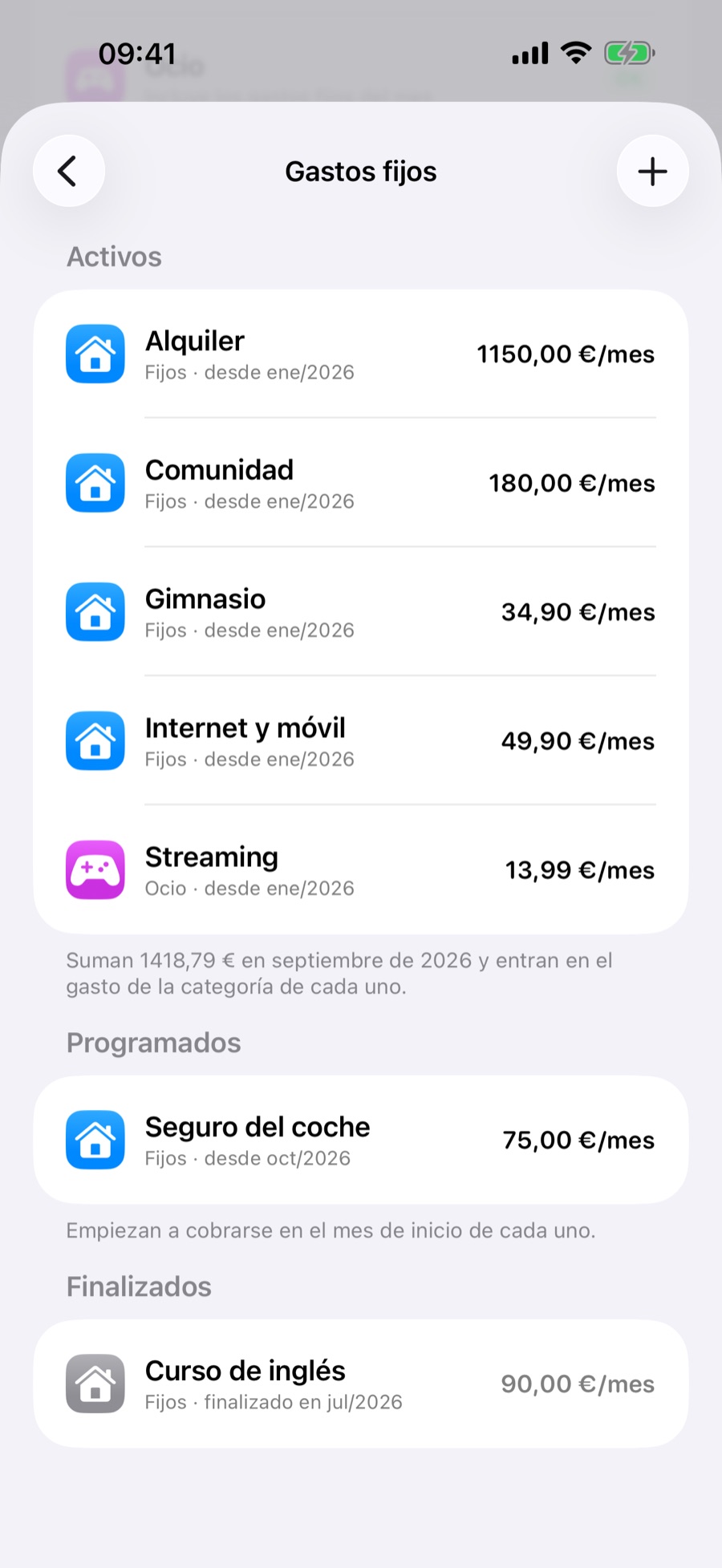 Pantalla de gastos fijos con las secciones Activos, Programados y Finalizados