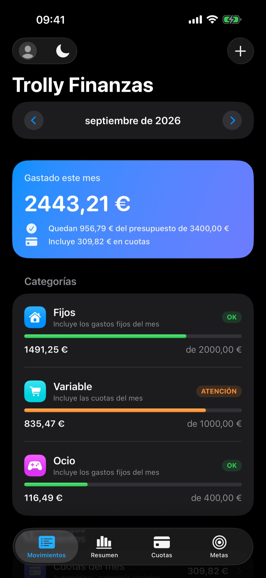 Pestaña Resumen en modo oscuro, con las tarjetas del mes y el gráfico por categoría