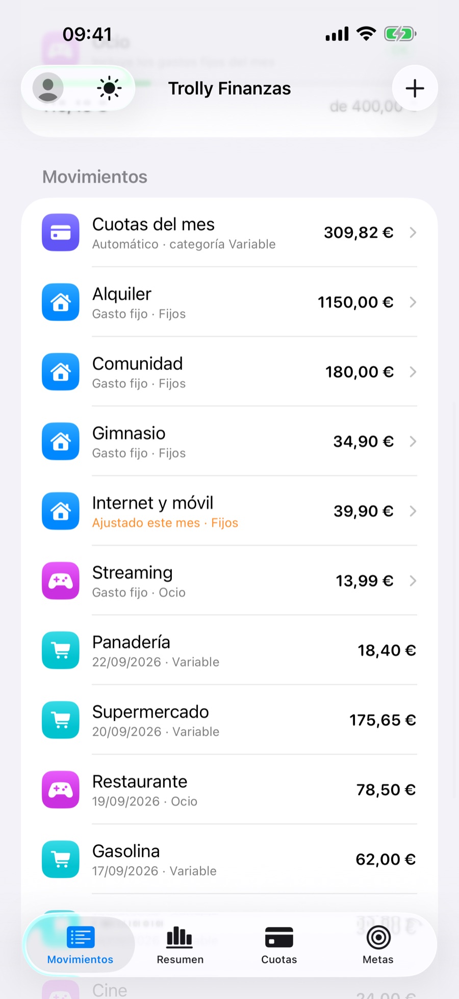Lista de movimientos con los gastos fijos del mes, uno de ellos ajustado solo este mes