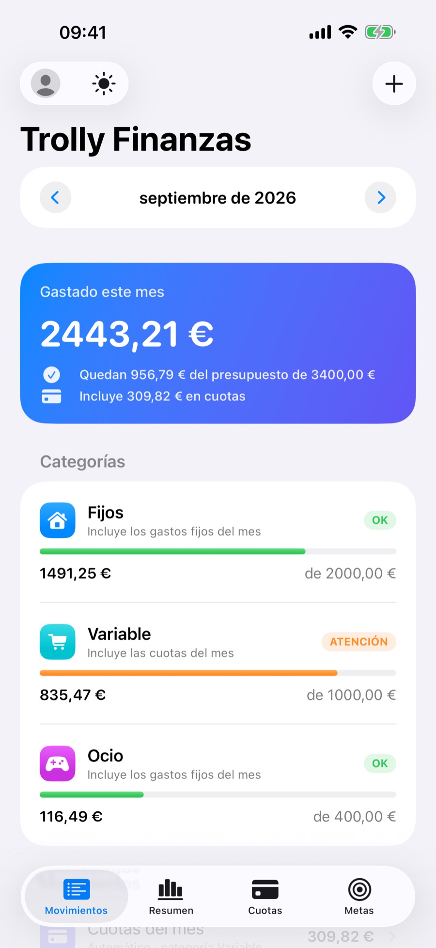 Pestaña Movimientos de Trolly: total gastado este mes y las categorías Fijos, Variable y Ocio con sus límites