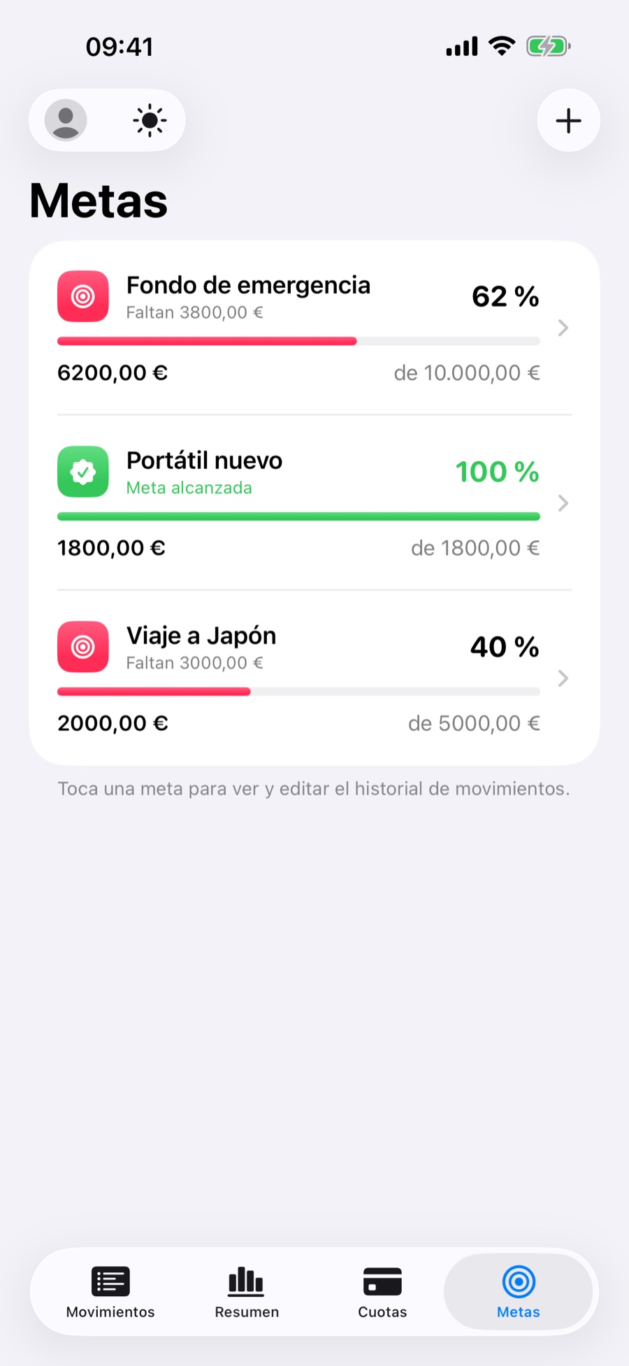 Pestaña Metas con el progreso de cada meta