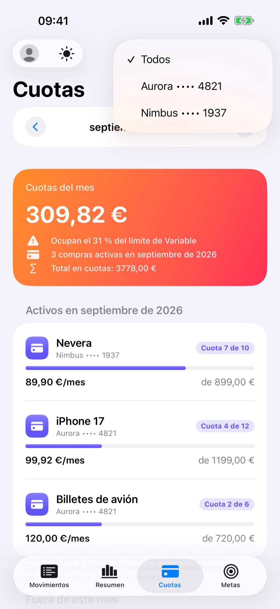 Pestaña Cuotas con el filtro por banco o tarjeta abierto
