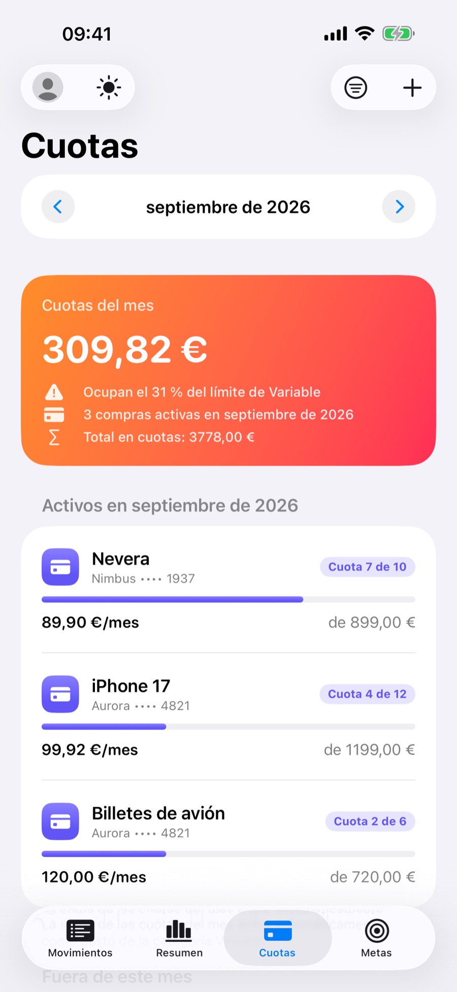 Pestaña Cuotas con las compras activas del mes