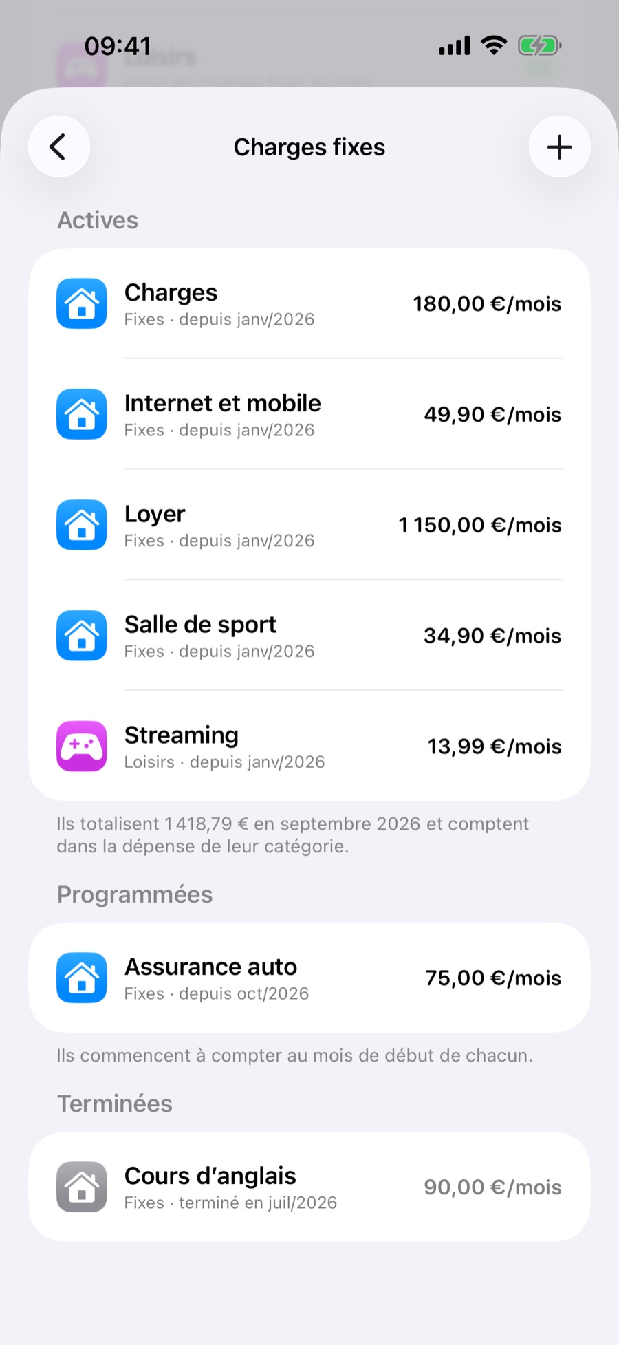 Écran des charges fixes avec les sections Actives, Programmées et Terminées