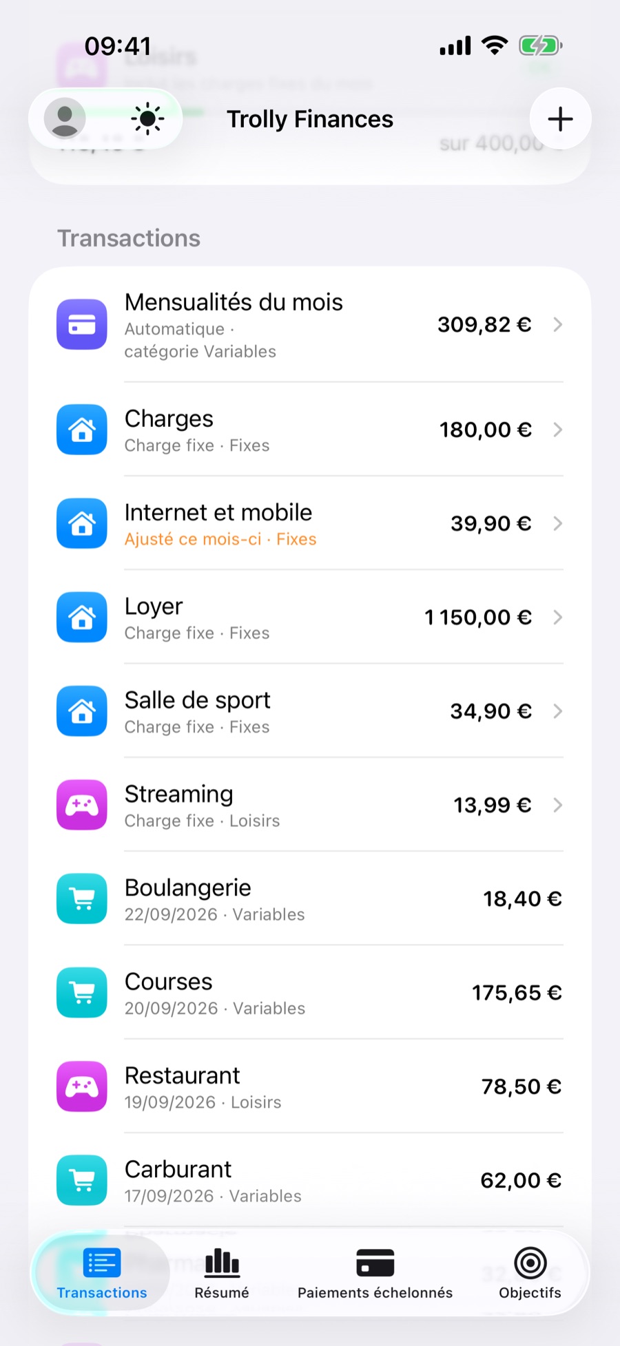 Liste des transactions avec les charges fixes du mois, dont une ajustée pour ce mois seulement