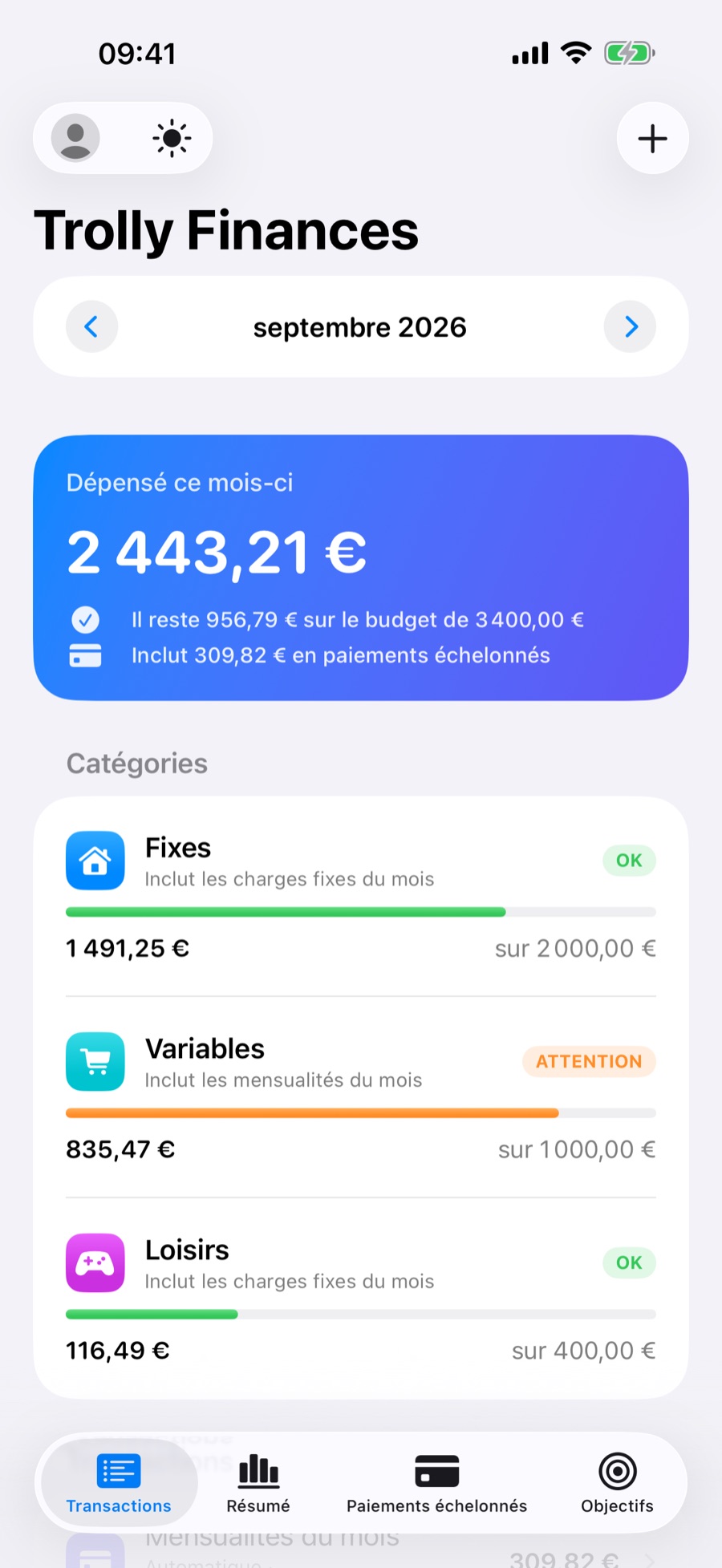 Onglet Transactions de Trolly : total dépensé ce mois-ci et catégories Fixes, Variables et Loisirs avec leurs limites