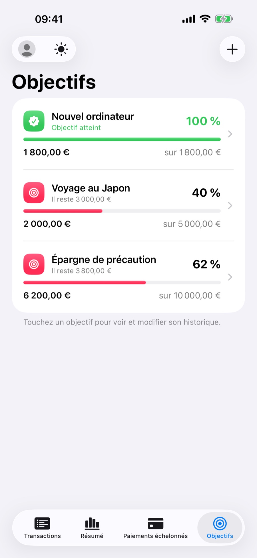 Onglet Objectifs avec la progression de chaque objectif