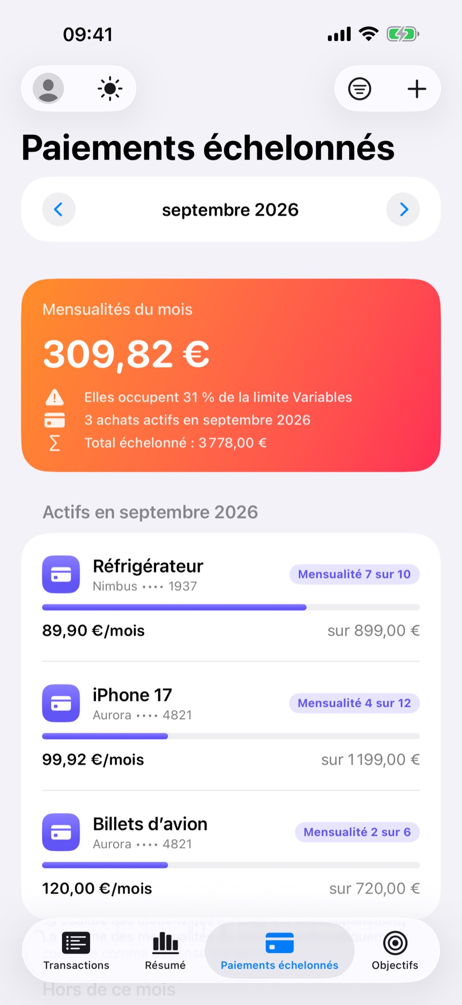 Onglet Paiements échelonnés avec les achats en cours ce mois-ci