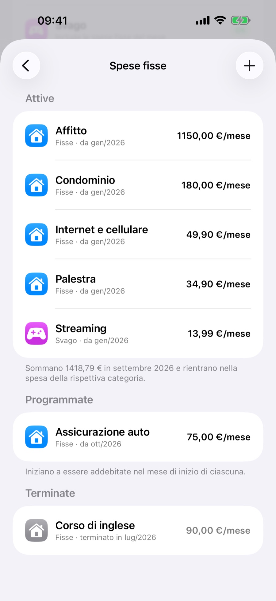 Schermata delle spese fisse con le sezioni Attive, Programmate e Terminate
