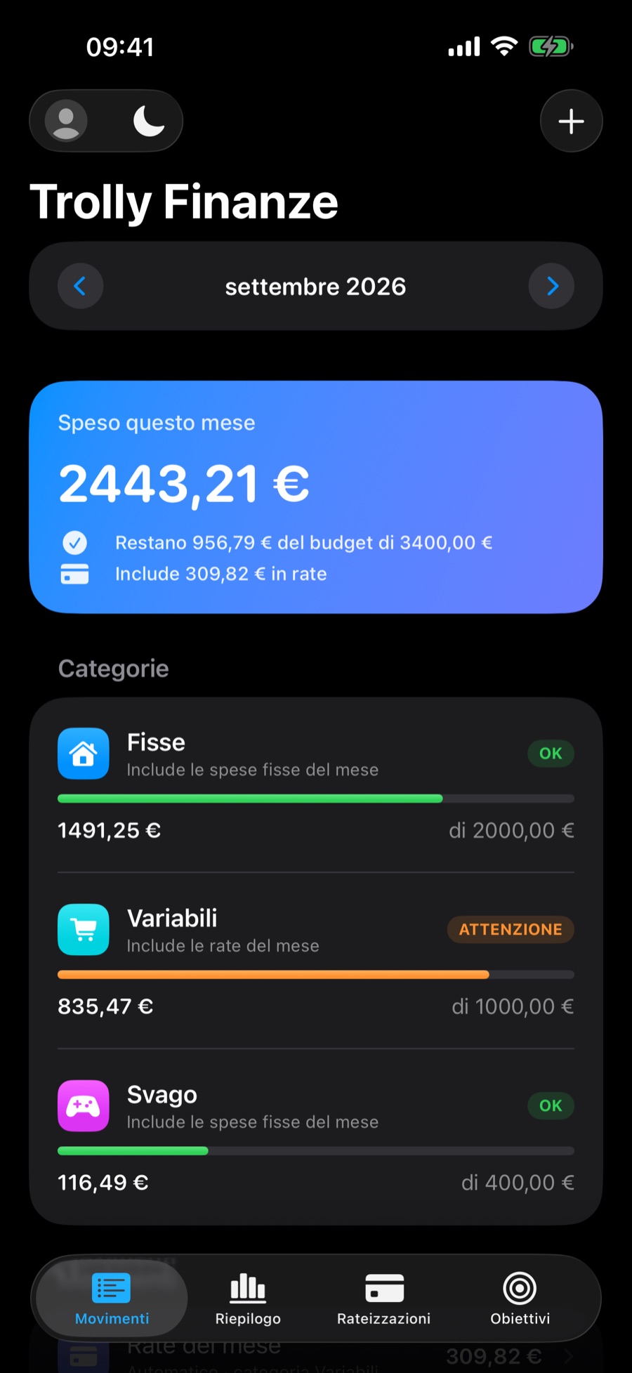 Scheda Riepilogo in modalità scura, con le schede del mese e il grafico per categoria
