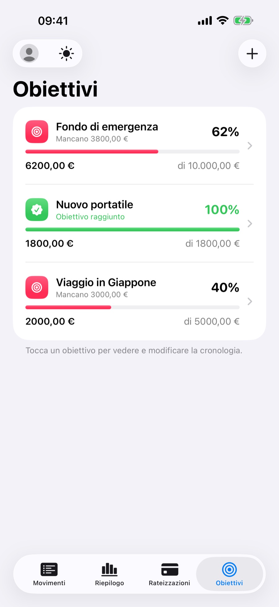 Scheda Obiettivi con i progressi di ogni obiettivo