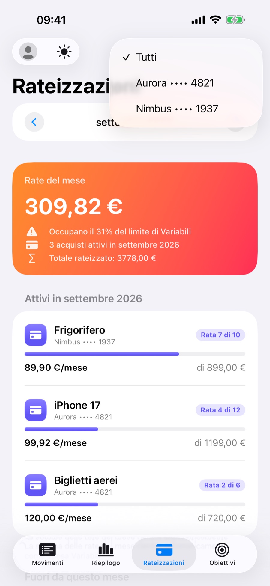 Scheda Rateizzazioni con il filtro per banca o carta aperto