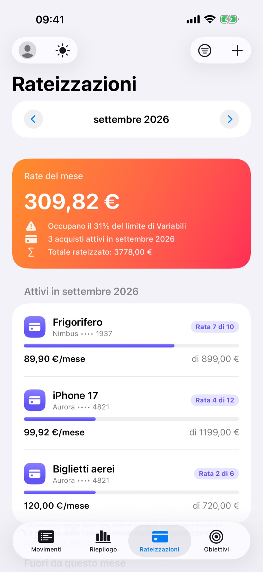 Scheda Rateizzazioni con gli acquisti attivi nel mese