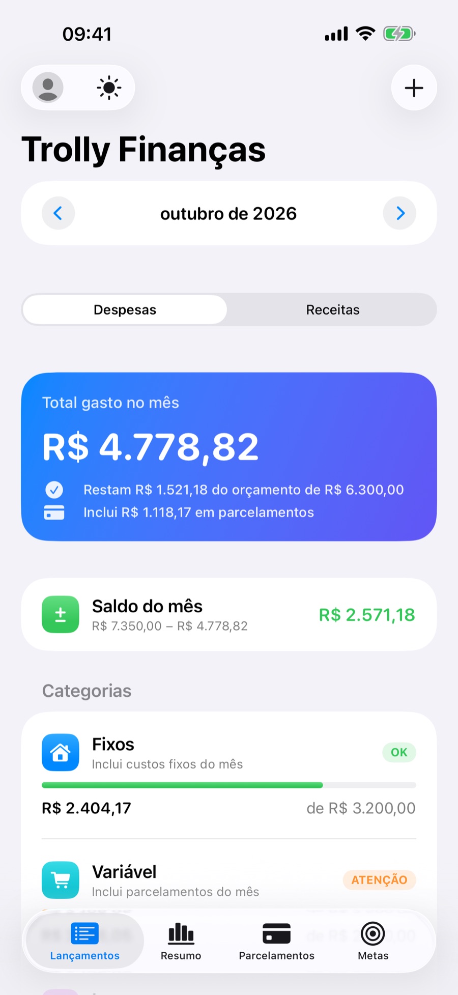 Aba Lançamentos do Trolly: total gasto no mês e as categorias Fixos, Variável e Lazer com seus limites