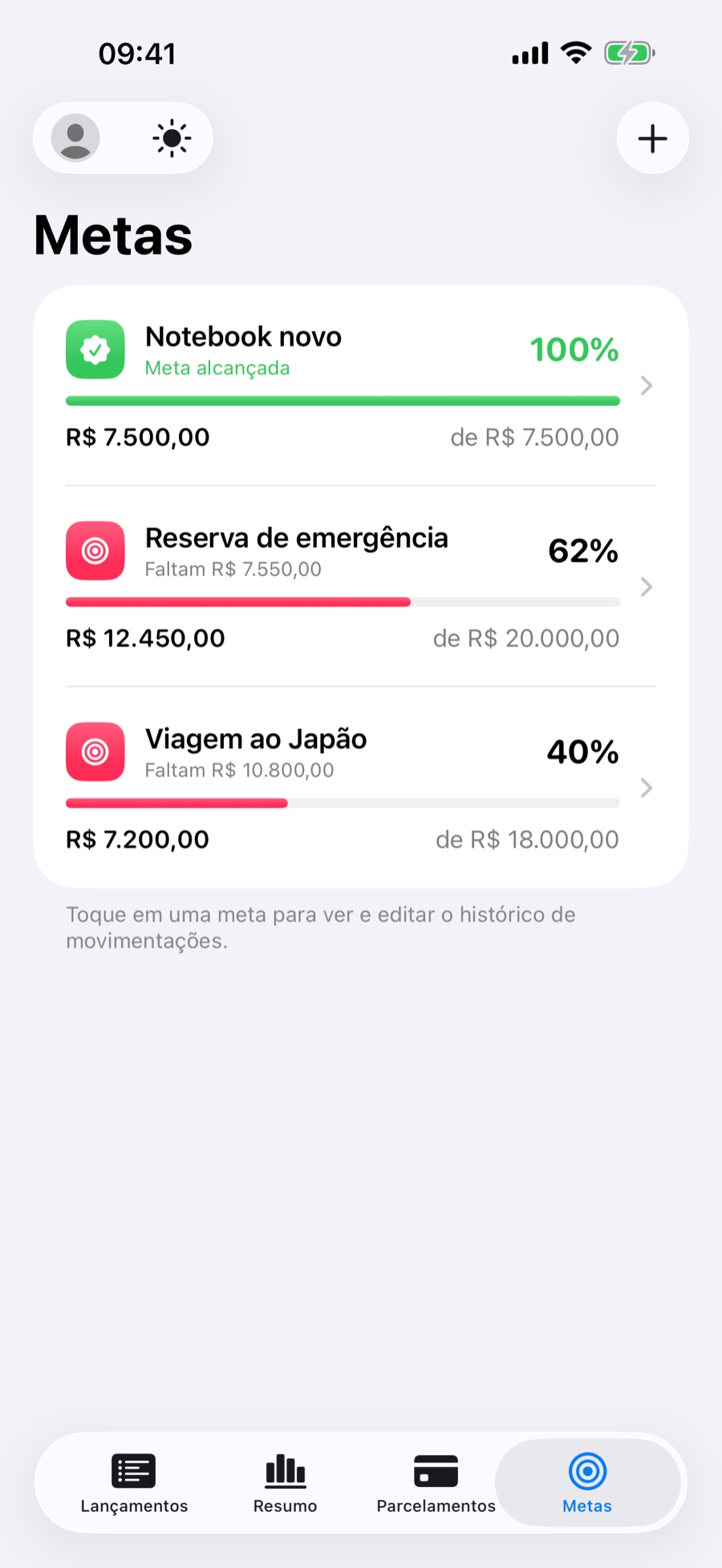 Aba Metas com o progresso de cada meta